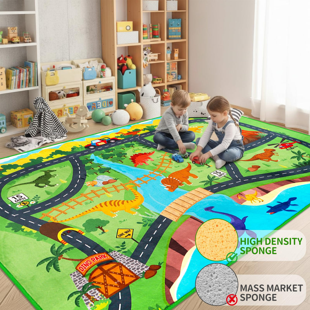 Car Rugs for Kids Toy,78.7"X59" Dinosaur Road Rugfor Kids,Non Slip Dino Safari Cars Track Rug,Washable Kids Carpet Playmat Rug for Playroom Bedroom Boys,Track Play Carpet for Kid