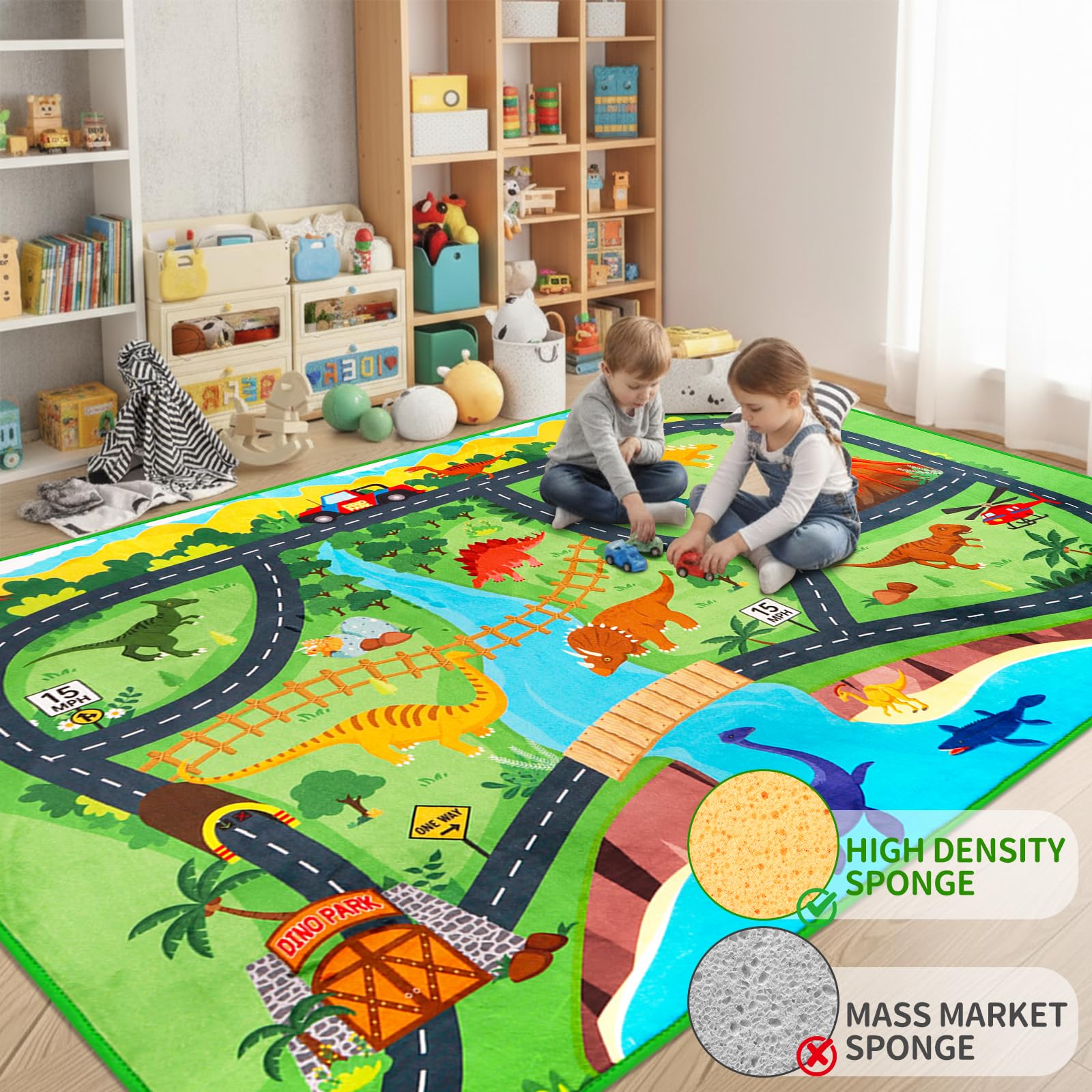 Car Rugs for Kids Toy,78.7"X59" Dinosaur Road Rugfor Kids,Non Slip Dino Safari Cars Track Rug,Washable Kids Carpet Playmat Rug for Playroom Bedroom Boys,Track Play Carpet for Kid