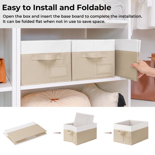 GRANNY SAYS Shelf Storage Baskets, Fabric Storage Bins for Clothes, Closet Storage Boxes with Handles, Collapsible Storage Containers for Bedroom and Living Room, Khaki and Ivory, Large, 3-Pack