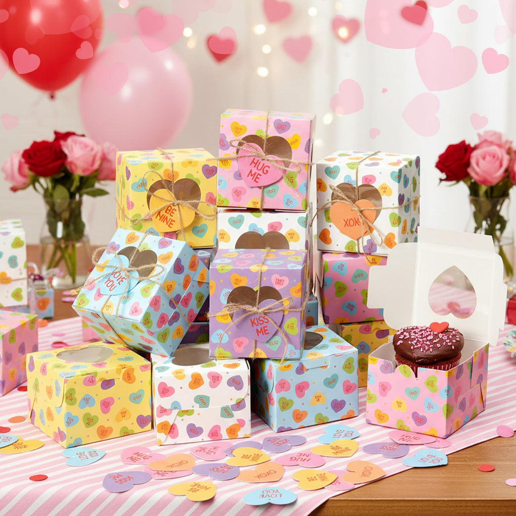 R HORSE 50Pcs Valentine's Day Bakery Treat Boxes, Valentines Candy Cookie Boxes with Heart Window, Cupcake Containers with Heart Shaped Cards for Cupcakes Donuts Chocolates Cookie Party Favor Supplies