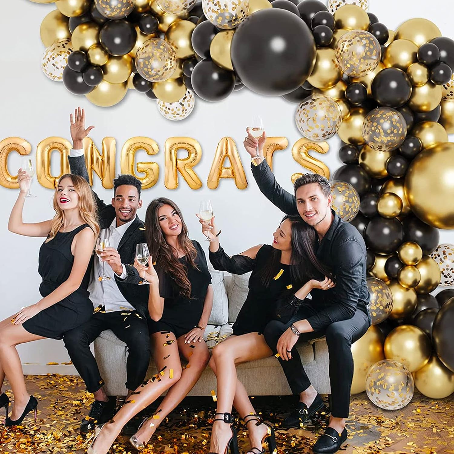 RUBFAC Black and Gold Balloon Garland Arch Kit - 110pcs with Confetti Balloons for Graduation & Wedding Decor