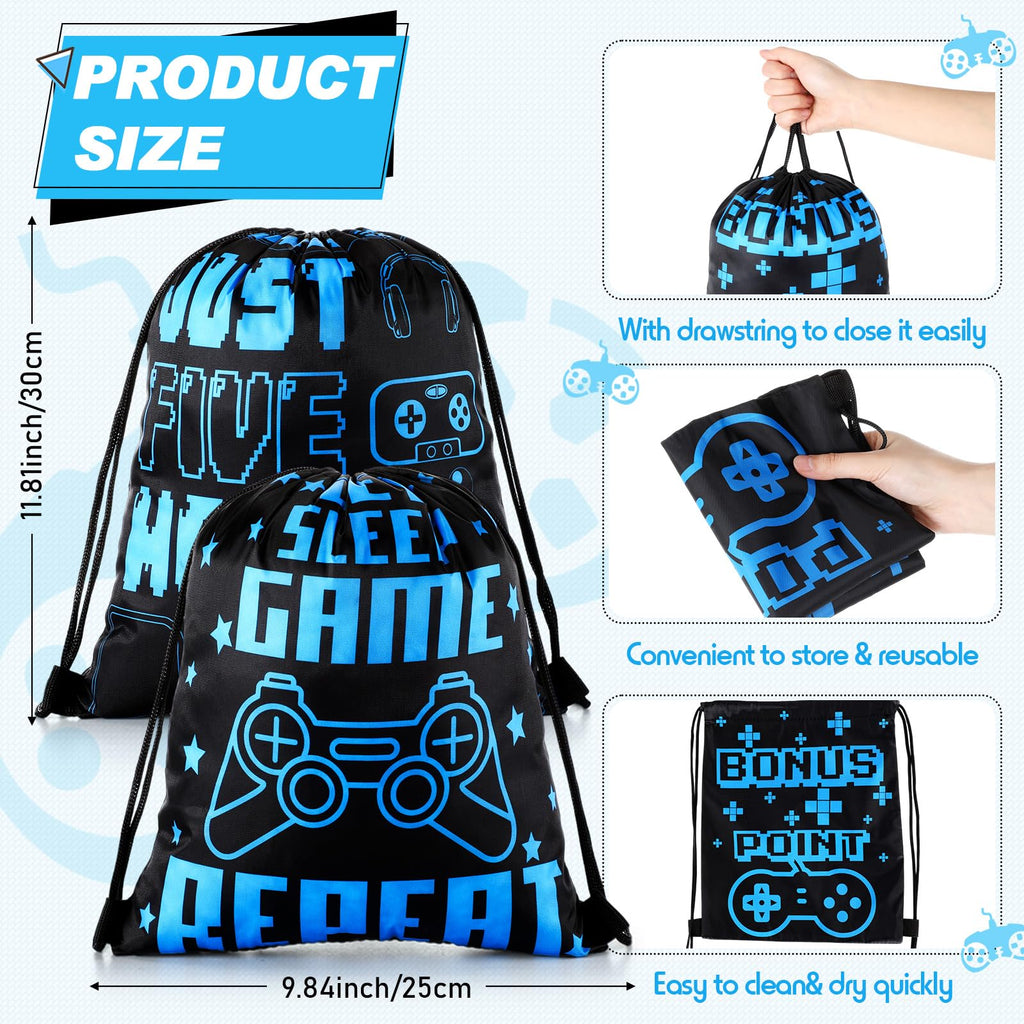 Mifoci 24 Pcs Video Game Party Favors, 12 Video Game Plastic Cups with Lids and Straws and 12 Drawstring Backpack, 24oz Reusable Tumble Bag for Gaming Party(Blue, Black)