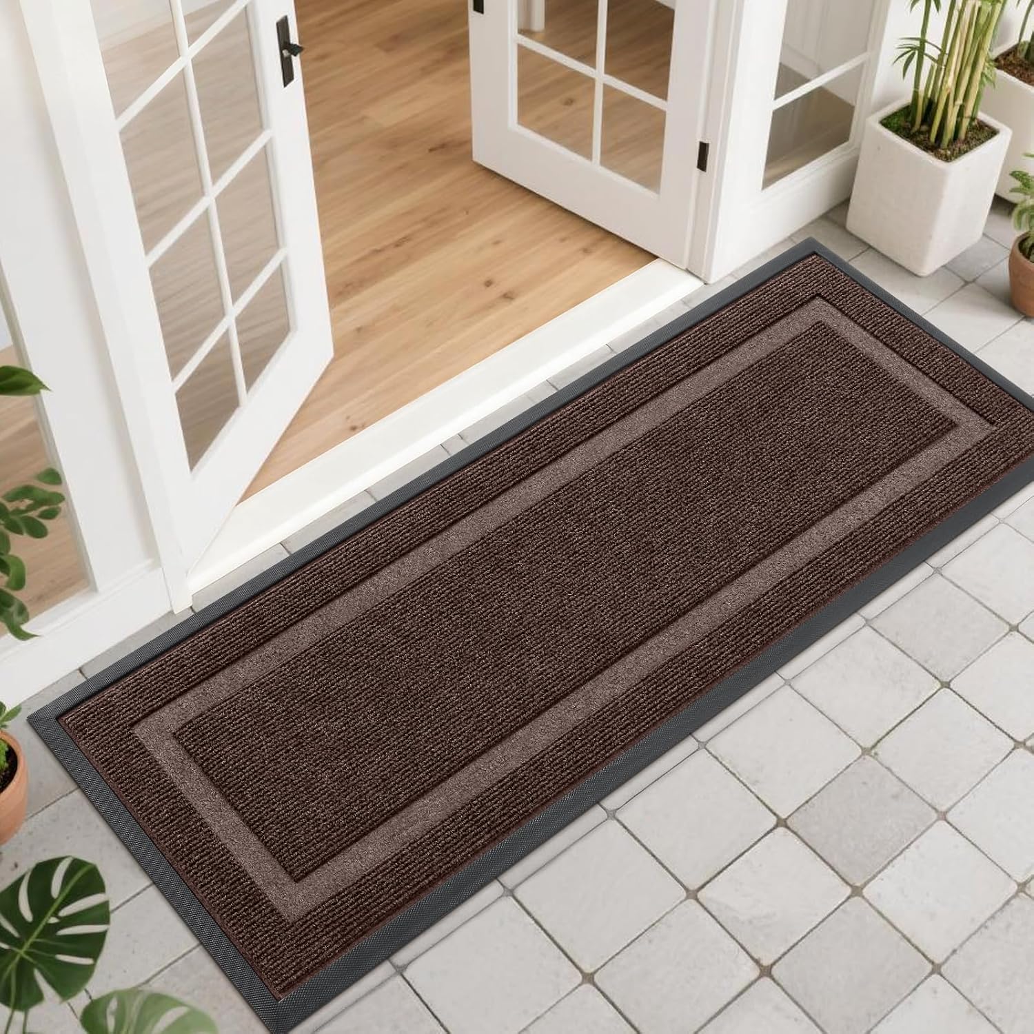 OLANLY Indoor Outdoor Front Door Mat - Waterproof, All-Weather, Easy Clean, 47x17, Dark Brown