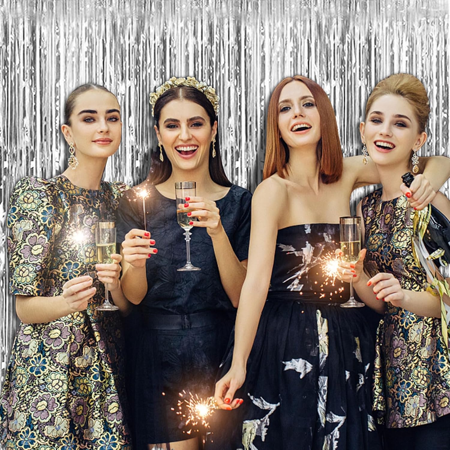 Skiennix Silver Backdrop Curtain - 2 Pack Foil Fringe Tinsel Streamers for Parties & Events