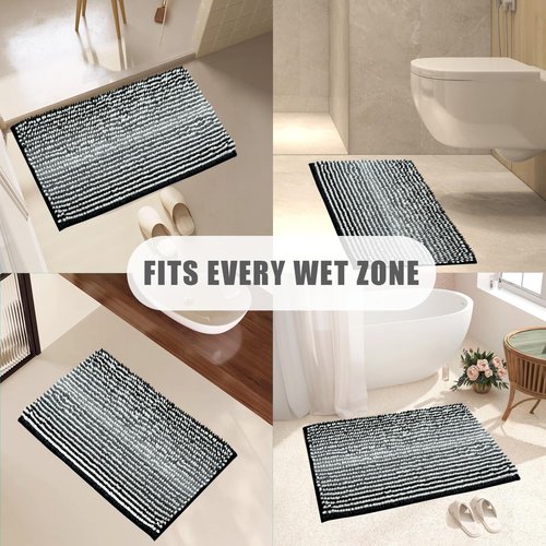 HDFK Bath Mat & Bathroom Rug - Soft Chenille Shower Carpet, Super Absorbent Non-Slip with Odorless Hot Melt Base, Slim Striped Design for Bathtub Floors Machin Washable (24x16 Inch, Black & White)