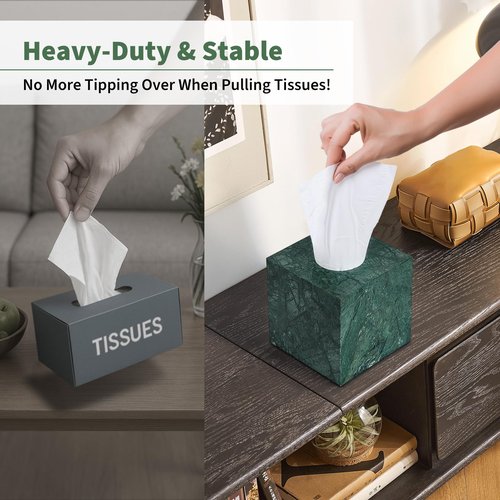 Real Natural Marble Tissue Box Cover, 5.5 Inch Square Marble Tissue Box Holder with Open Bottom, Heavy Stone Decorative Organizer for Bathroom Vanity, Kitchen Countertop, Luxury Home Décor