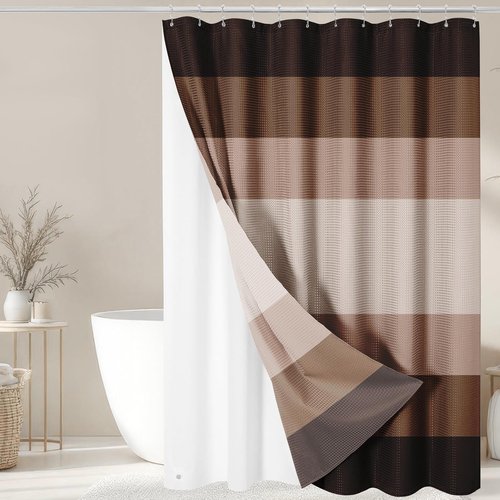 Nesphy Shower Curtain and Liner, Brown Striped 3 in 1 Shower Curtain and PEVA Liner Set with 12 Rust-Resistant Metal Hooks, Waterproof Fabric Shower Curtains for Bathroom, 72 W x 72 H