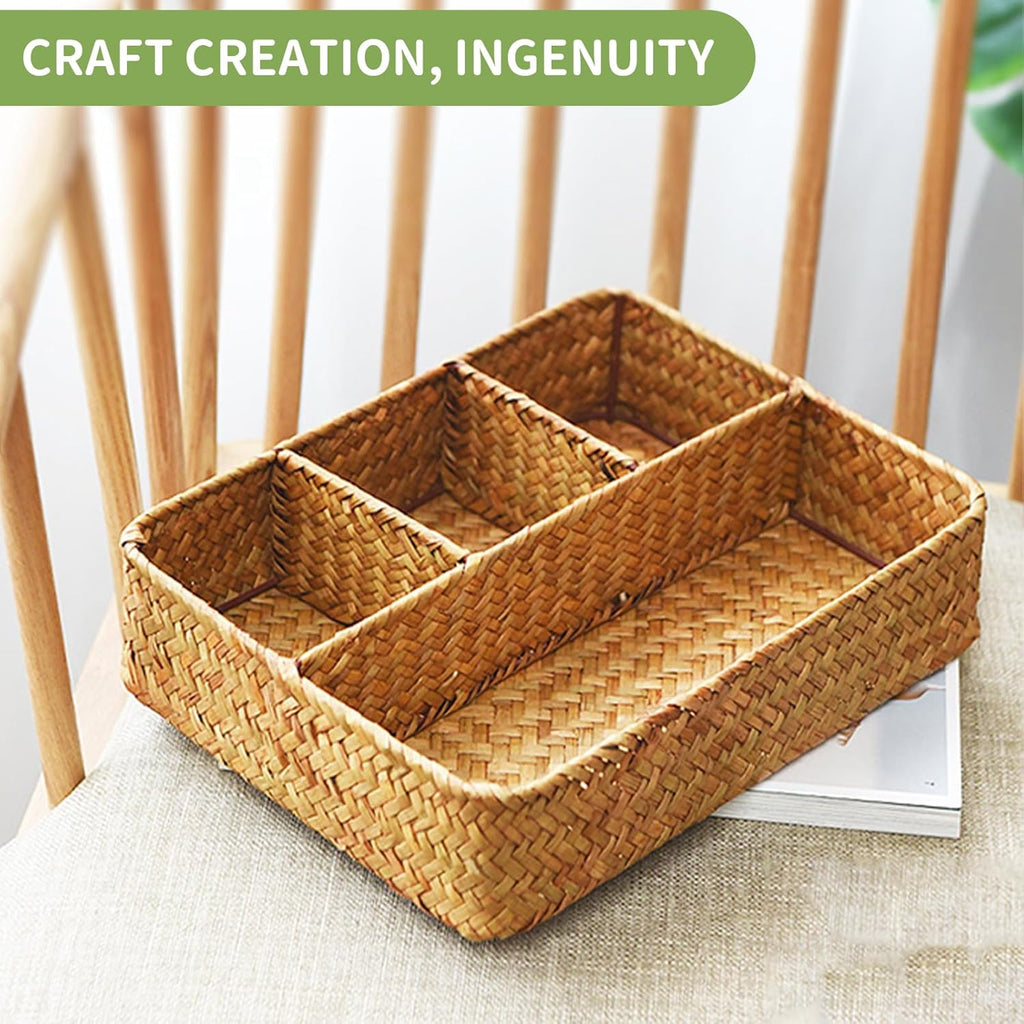 Skiennix Wicker Baskets - 4-Section Tea Bag & Sugar Packet Holder | Seagrass Compartment Organizer