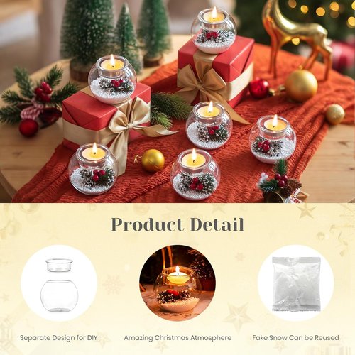 Hewory Tealight Candle Holders - Set of 6 Glass Holders with Red Berry & Pinecone | Festive Christmas Table Decor