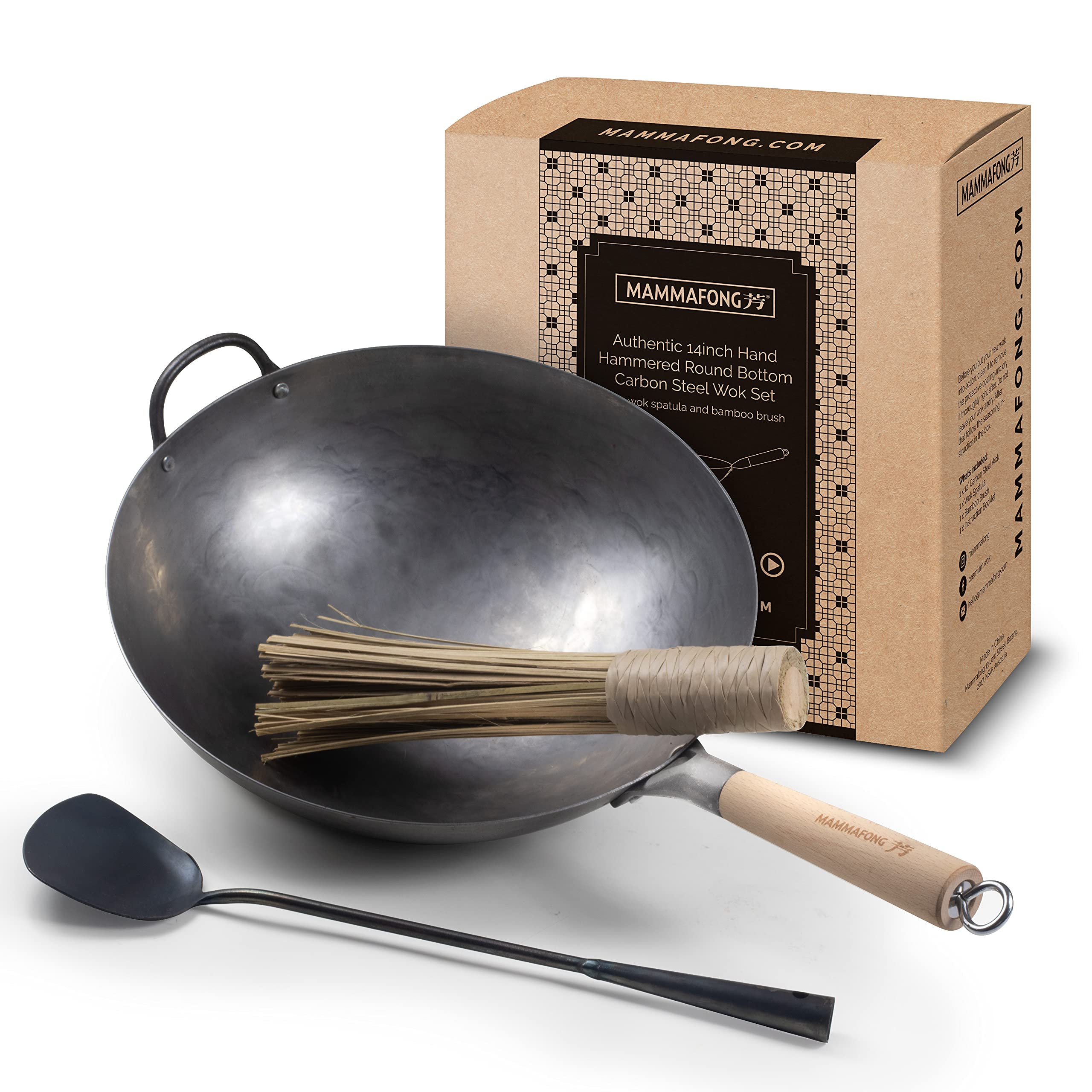 Mammafong Traditional Hand Hammered Round Bottom Carbon Steel Pow Wok Set with Wok Spatula and Bamboo Brush (14 inch wok set with wok accessories)…