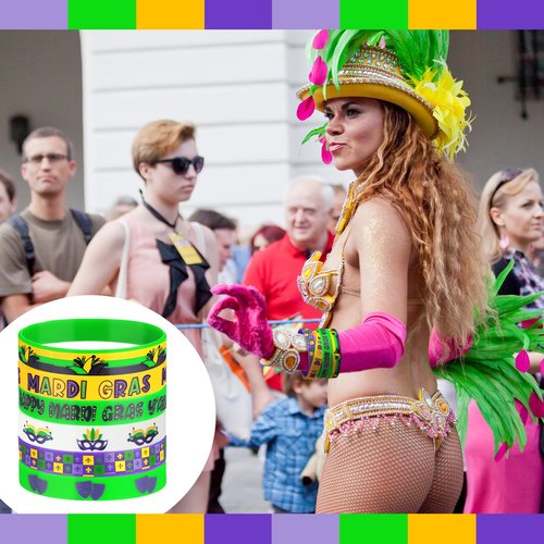 Lunmon 120 Pcs Mardi Gras Silicone Bracelets Bulk Mardi Gras Throw Happy Carnival Bracelets Clown Circus Carnival Rubber Wristbands for Party Birthday Supplies Gifts