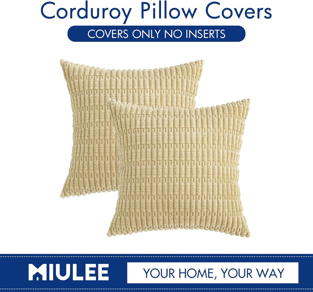 MIULEE Euro Sham Pillow Covers - Soft Boho Striped Corduroy | 24x24 Inch Beige Decorative Covers for Sofa & Bed