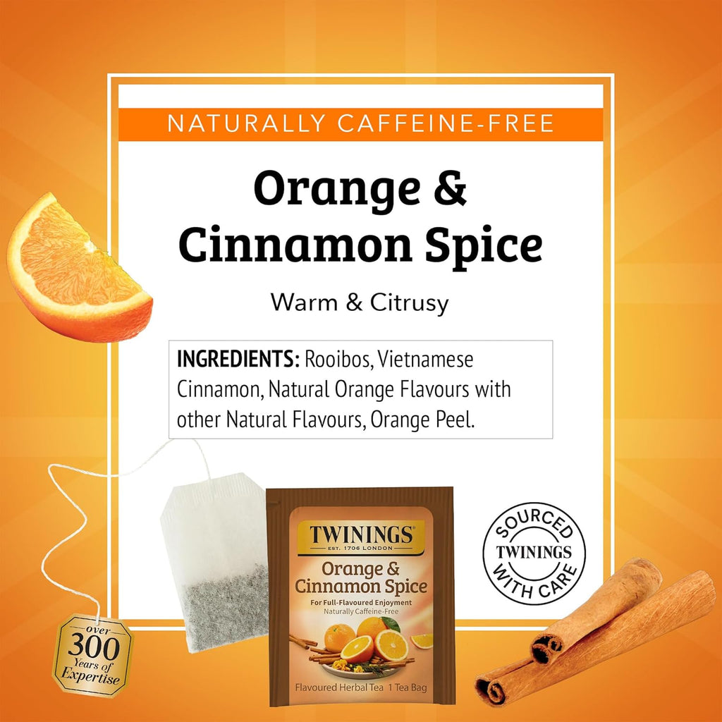 Twinings Herbal Tea - Orange & Cinnamon Spice, Naturally Caffeine-Free, 20 Individually Wrapped Bags (Pack of 6)