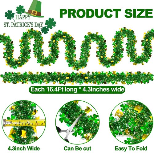 3 Pack Total 49.2 Ft St.Patrick's Day Tinsel Garlands Decorations DIY Shamrocks Wreath for Front Door Irish Leprechaun Hat St.Patrick's Day Decorations Outdoor Indoor Home,16.4Ft by 4.3",Green Gold