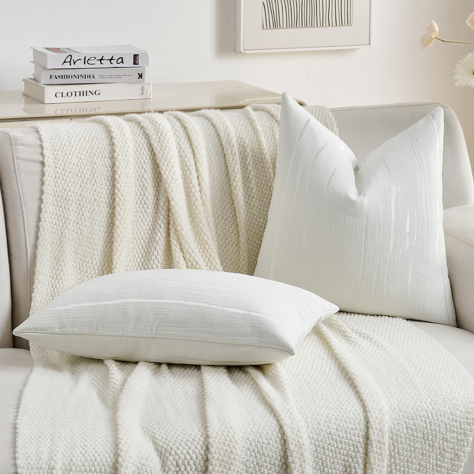 FUTEI White Chenille Decorative Throw Pillow Covers 18x18 Inch Set of 2,Soft Embossed Striped Textured Cushion Case,Modern Home Decor for Couch Bed Living Room