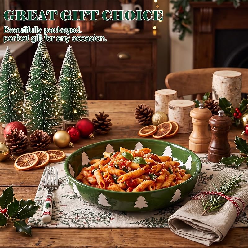 Christmas Tree Ceramic Pasta Bowls Set of 4 – Green with White Tree Pattern, 40 oz