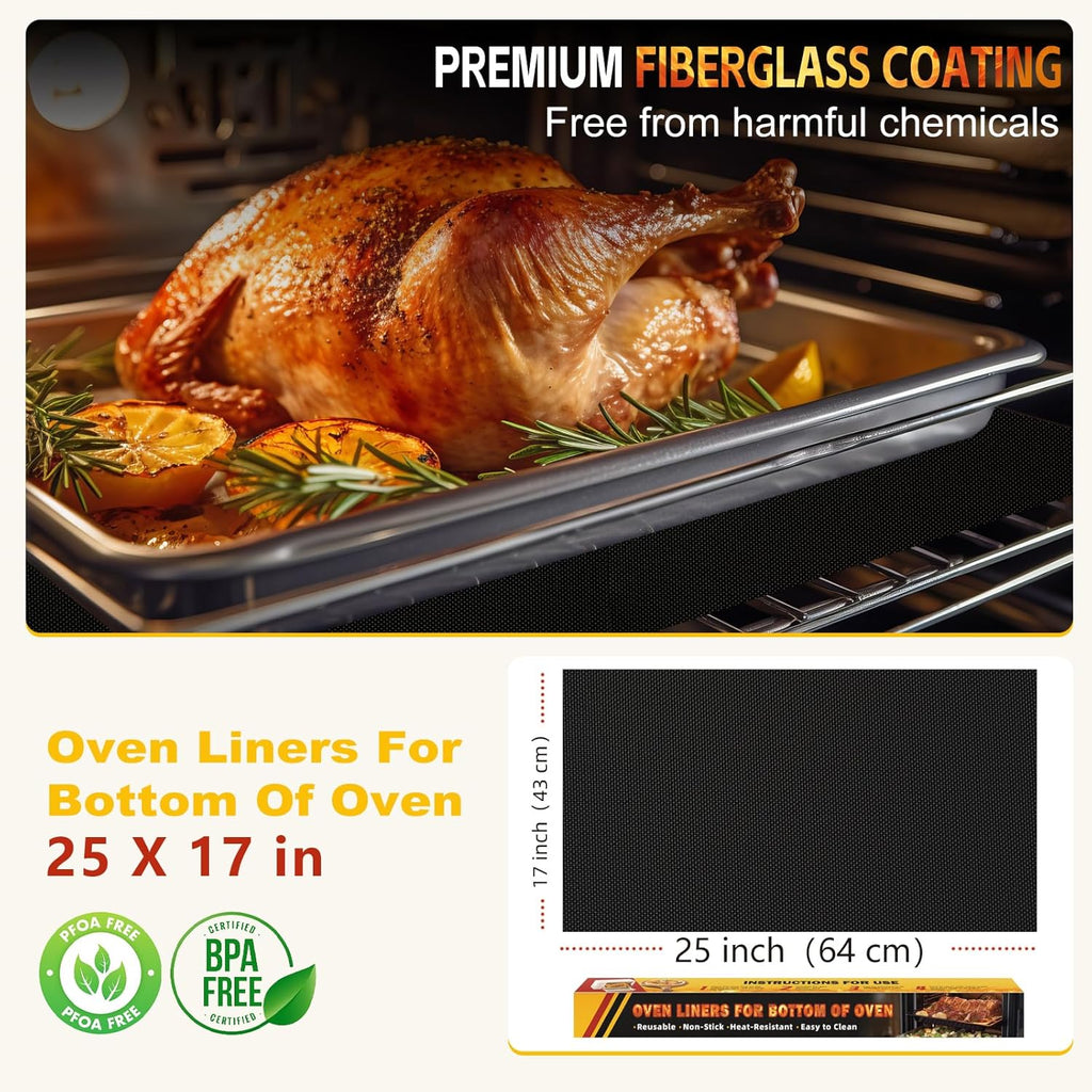 Skiennix Oven Liners - Heavy Duty Non-Stick Reusable Mats | 17"x25" BPA/PFOA Free for All Ovens (Black)