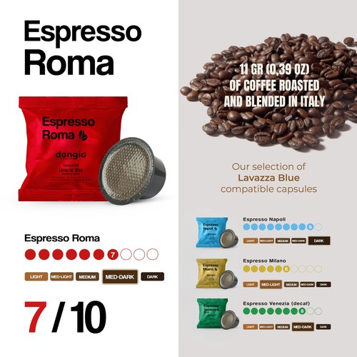 Dongiò Caffè Espresso Roma - 80 Double-Dose Espresso Capsules compatible with Lavazza Blue/Black systems, Med-Dark Roast Coffee (Intensity 7/10) - Roasted and Blended in Italy