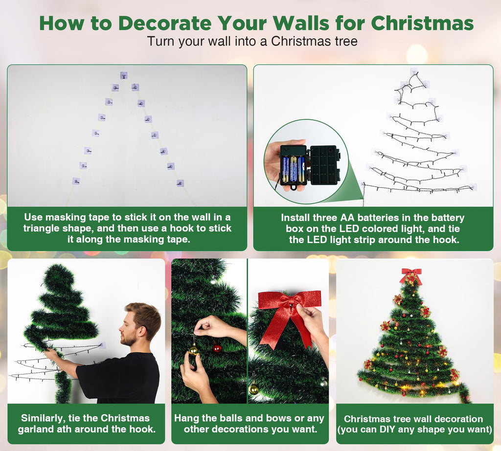PWSOMJ 32 Feet Christmas Garland with Lights, DIY Christmas Tree Wall Corner Decor Tinsel Garland with Butterfly, Flower and Balls, Battery Operated (Battery Not Included) for DIY Decoration