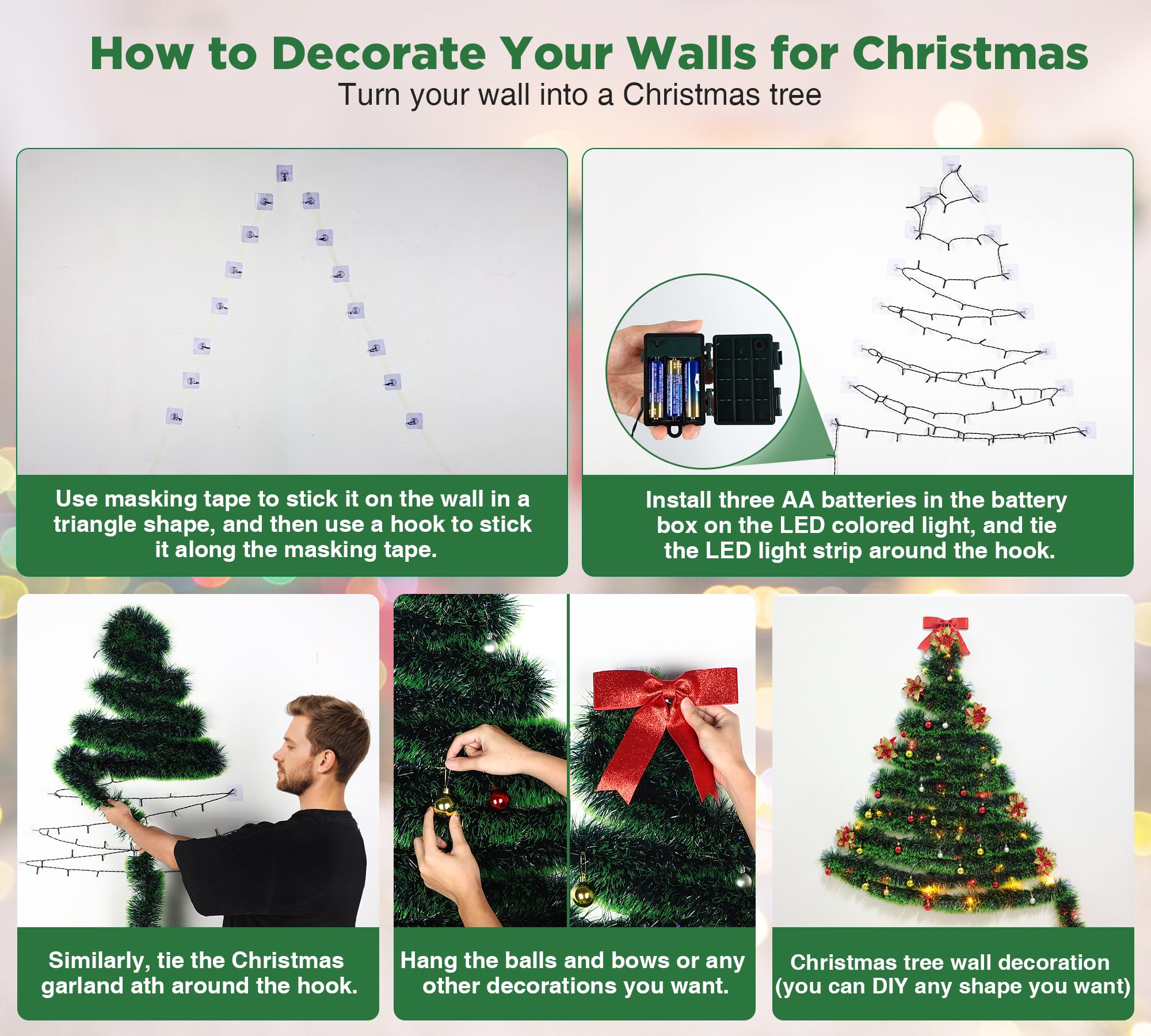 PWSOMJ 32 Feet Christmas Garland with Lights, DIY Christmas Tree Wall Corner Decor Tinsel Garland with Butterfly, Flower and Balls, Battery Operated (Battery Not Included) for DIY Decoration