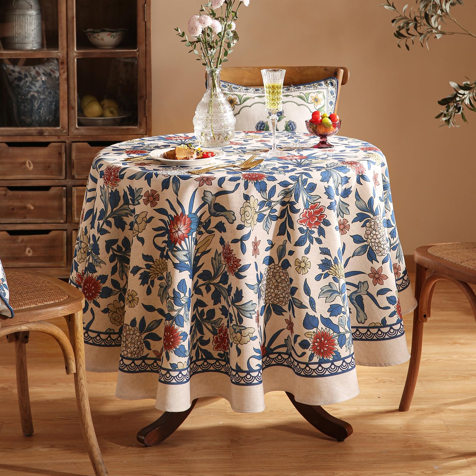 patdrea Designer Small Blue Tablecloth for Round Table,Vintage Linen Leaves and Floral Pattern Tablecloths,Farmhouse Decor Cover for Kitchen Dining Christmas,Thanksgiving,Diameter 55"-Ivar a