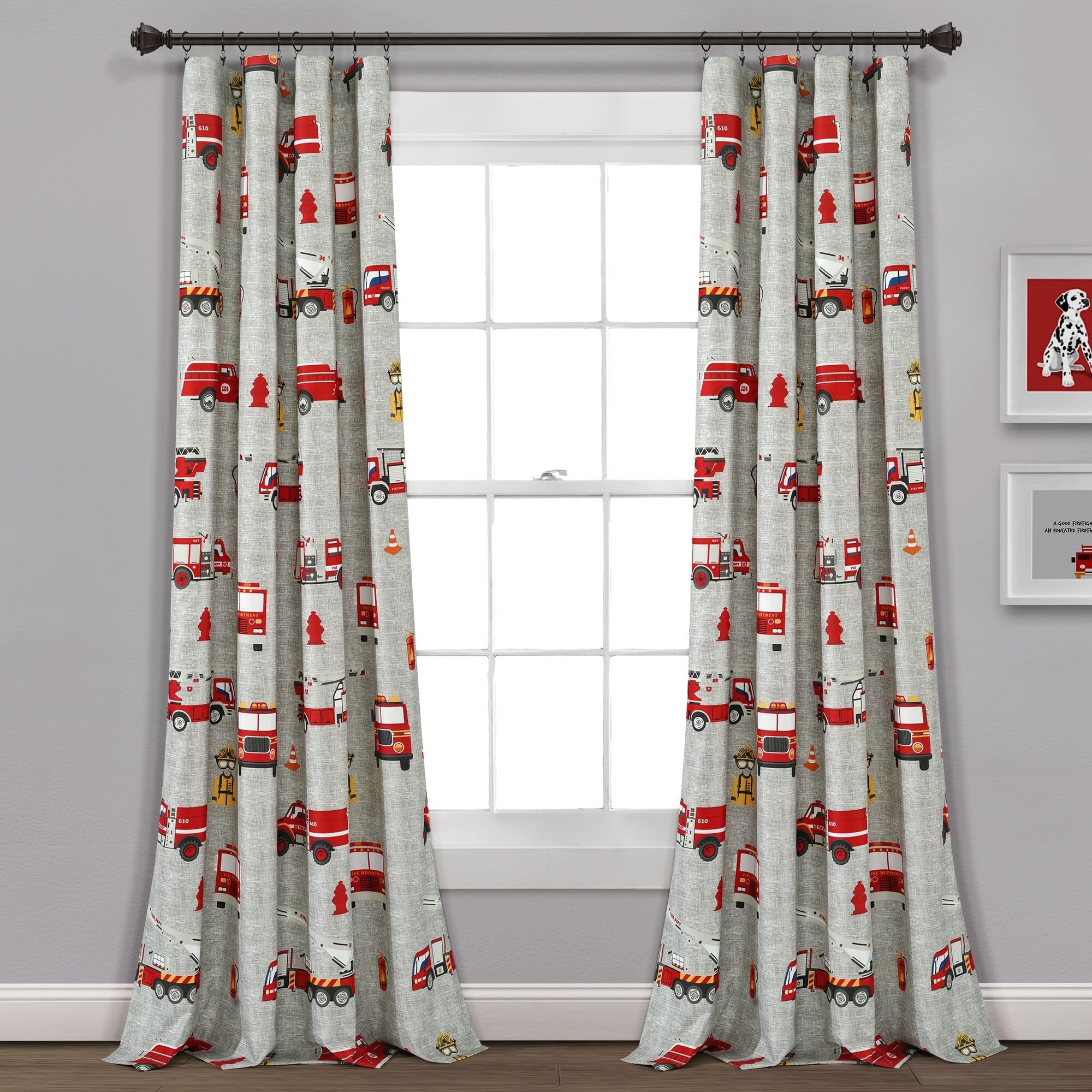 Lush Decor Fire Truck Window Curtain Panel, Pair, 52" W x 84" L, Red & Gray - Curtains for Kids Room