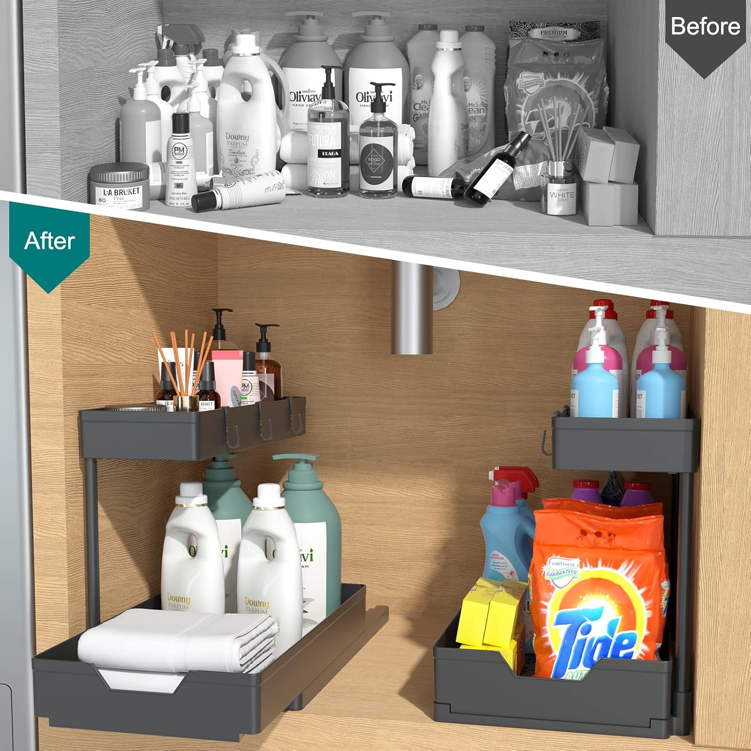 Nature's Source Under Sink Organizer - 2 Tier Sliding Cabinet Storage Baskets | L-Shape Design, Black