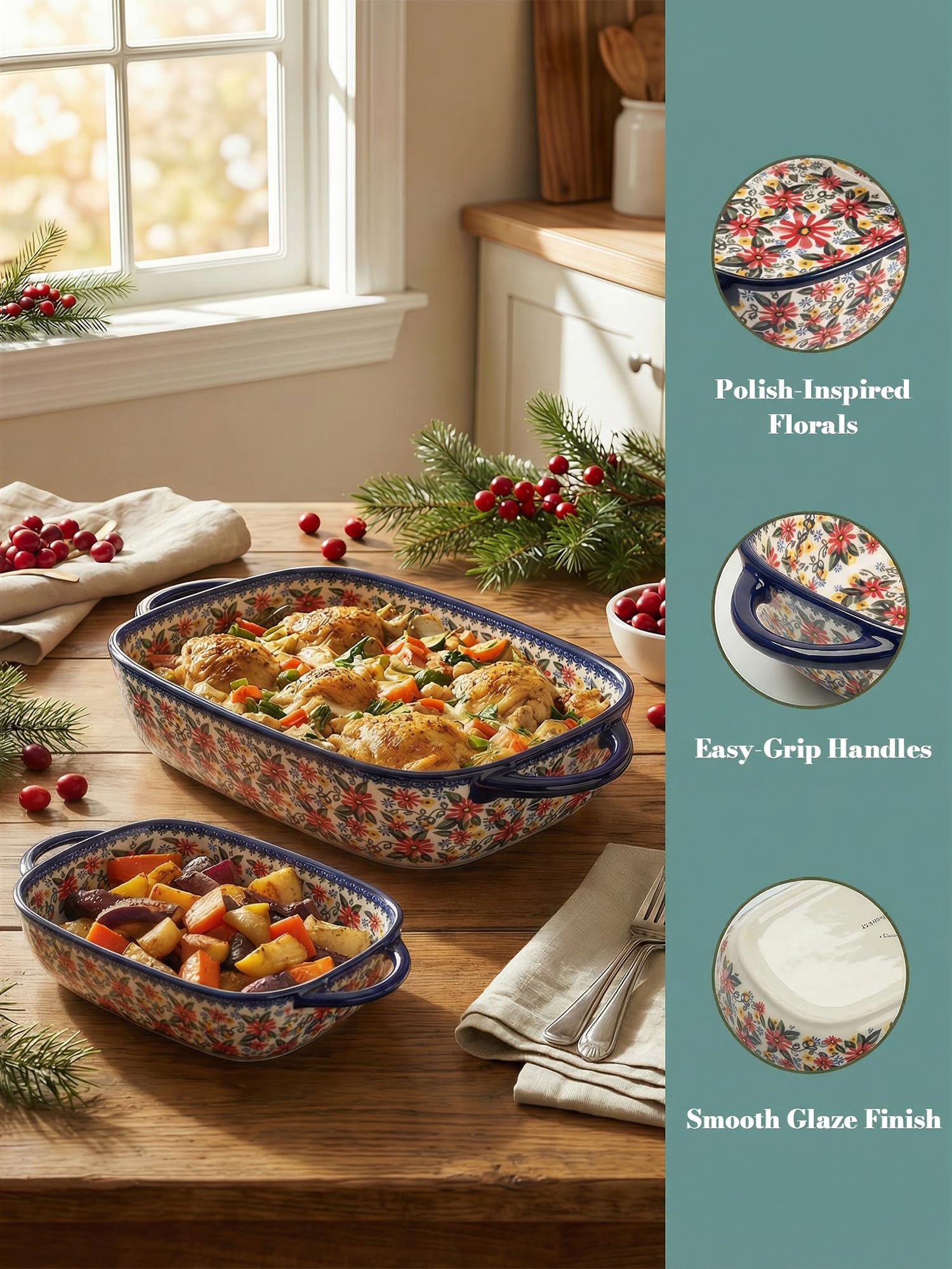 Polish Pottery Style Ceramic Baking Dish Set, 2-Piece Large & Small Casserole Bakers for 2–3 People, Floral Oven-to-Table Bakeware, Microwave & Dishwasher Safe, Gift-Ready with Protective Packaging