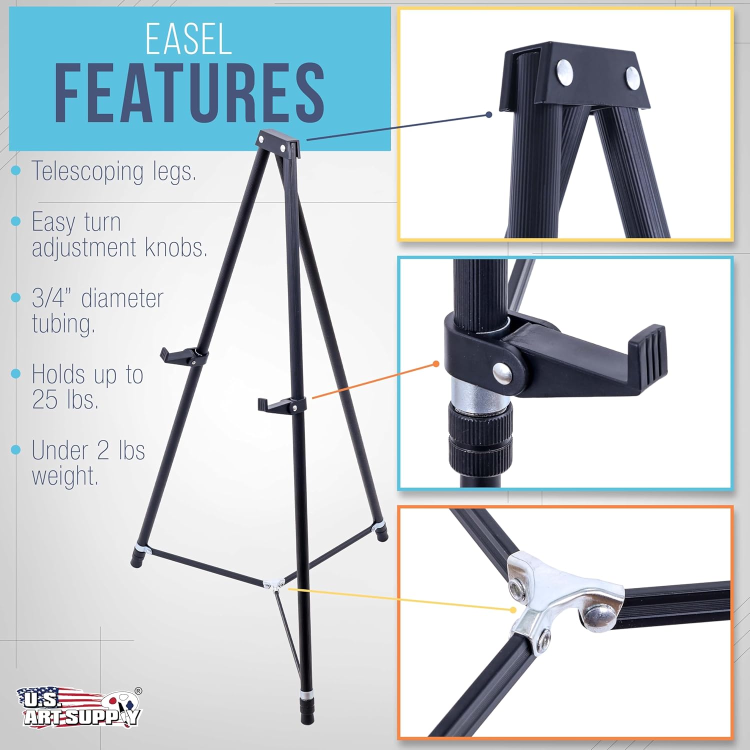 U.S. Art Supply 66" High Black Metal Display Art Easel - Adjustable Portable Stand for Floor & Tabletop Use