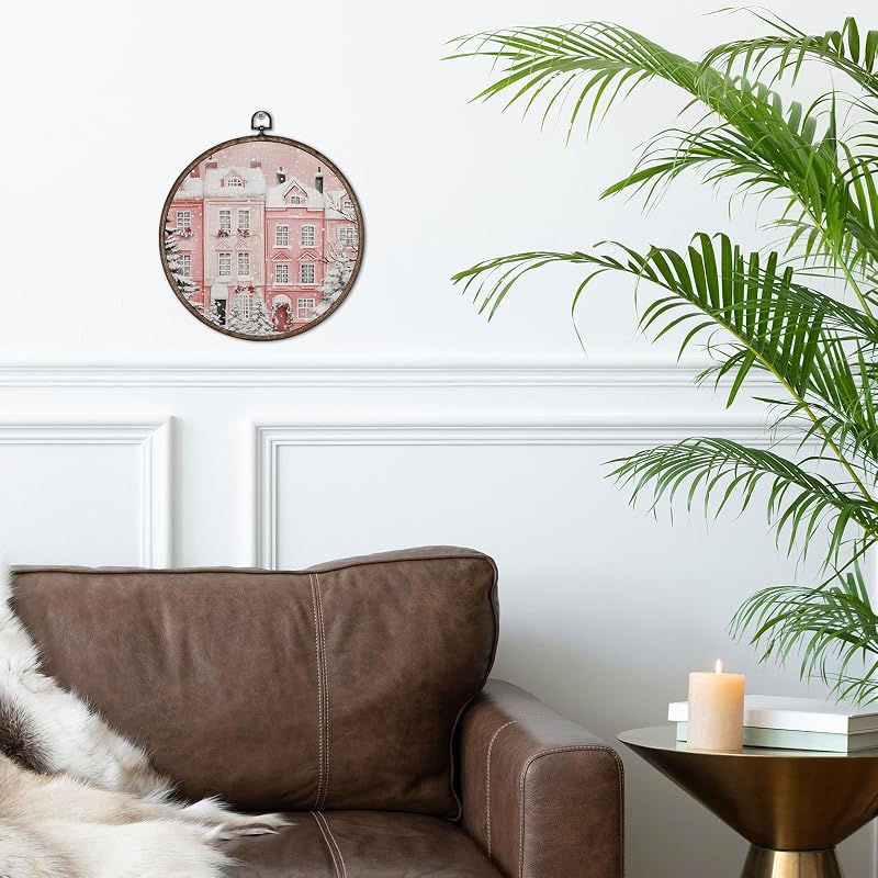 Pink Christmas Round Wall Art Canvas - 10x10 Inch Framed Poster for Home Decor