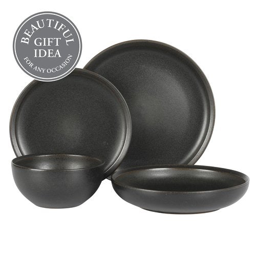 Gibson Elite Beckett Stoneware Matte Reactive Glaze 16 Piece (Service for 4) Plates and Bowls Dinnerware Set - Black