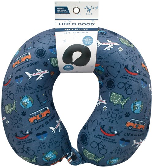 Life is Good Neck Pillow - Soft Memory Foam All Over Print Travel Neck Support Pillow - Cozy U-Shaped Sleep Pillow, Love for Travel