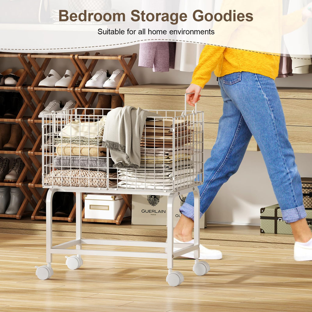 Wire Laundry Hamper Cart,80L Laundry Hamper Trolley with Pull Handle,White High Laundry Basket Cart for Laundry Room,Bathroom,Bedroom-White（23.6 * 15.75 * 28inch）