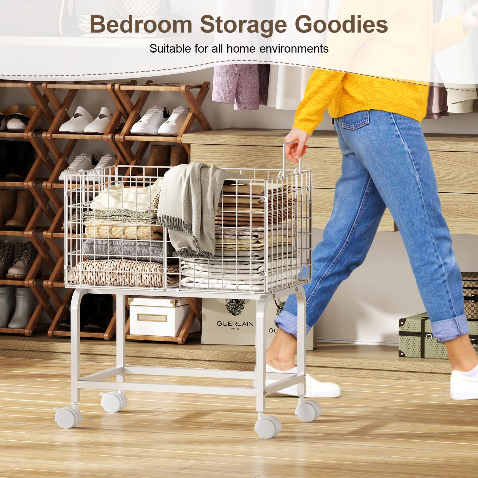 Wire Laundry Hamper Cart,80L Laundry Hamper Trolley with Pull Handle,White High Laundry Basket Cart for Laundry Room,Bathroom,Bedroom-White（23.6 * 15.75 * 28inch）