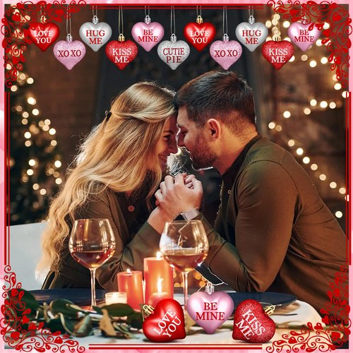 60 Pcs Valentine's Day Heart Hanging Ornaments Red Pink Sliver Glitter Tree Hanging Decorations Valentine Baubles Romantic Love XOXO Hug Me Tree Padent for Wedding Anniversary Decorations, 6 Styles