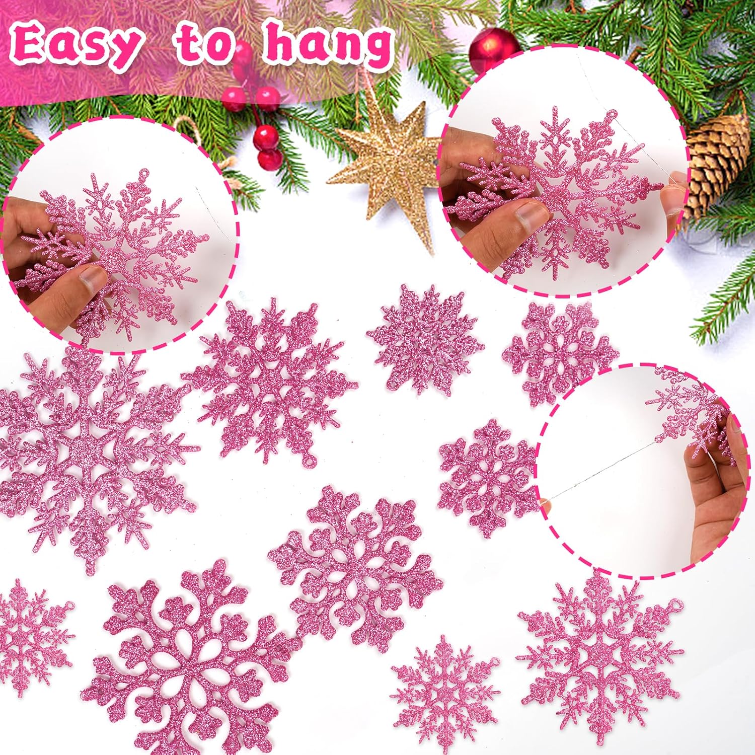 Skiennix 36-Piece Christmas Light Pink Snowflake Ornaments - Glittery Plastic Decorations for Winter Trees