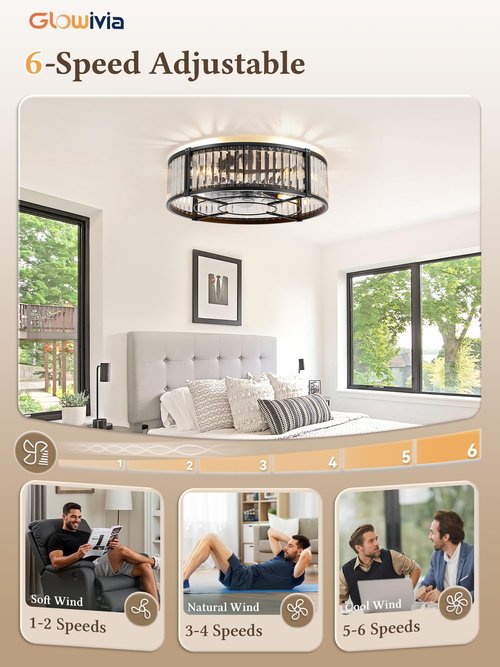20 Inch Fandelier Ceiling Fan with Light, Crystal Chandelier Ceiling Fans, Caged Ceiling Fan with 6-Speeds, 1/2/4/8H Timer, Quiet DC Motor, Black Flush Mount Ceiling Fans for Bedroom, Living Room