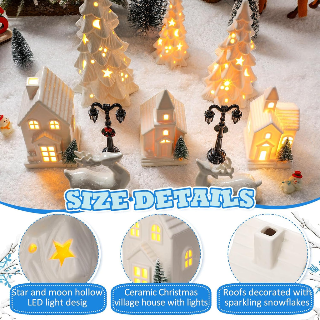 Nuogo Light Up Ceramic Christmas Trees Set - 6 Pcs White Porcelain with LED Lights & Glitter Snow for Holiday Decor