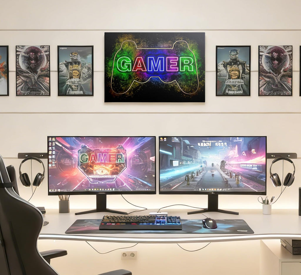 Skiennix Cool Gaming Canvas Wall Art - Colorful Neon Gamepad Poster for Teen Boys Room | 12 x 16 Inch