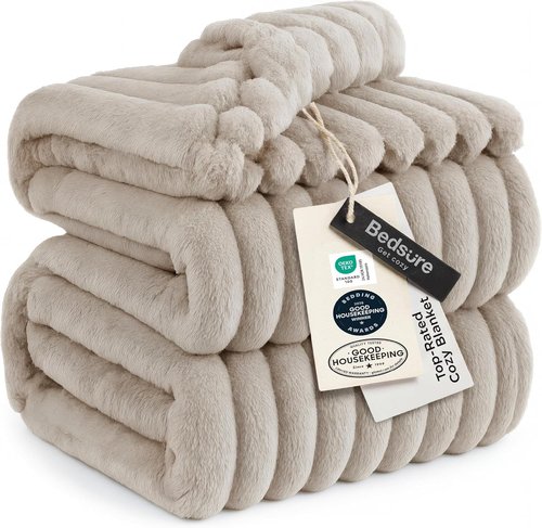 Bedsure GentleSoft Queen Size Blanket - Cozy Beige Fleece Throw for Women | 90x90 Inches