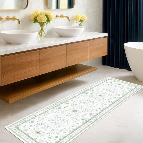 Hazo Haus Washable Oushak Bathroom Runner Rug - Vintage Turkish Floral Design | 2x8 ft Low Pile, Non-Slip, Cream Blue Green