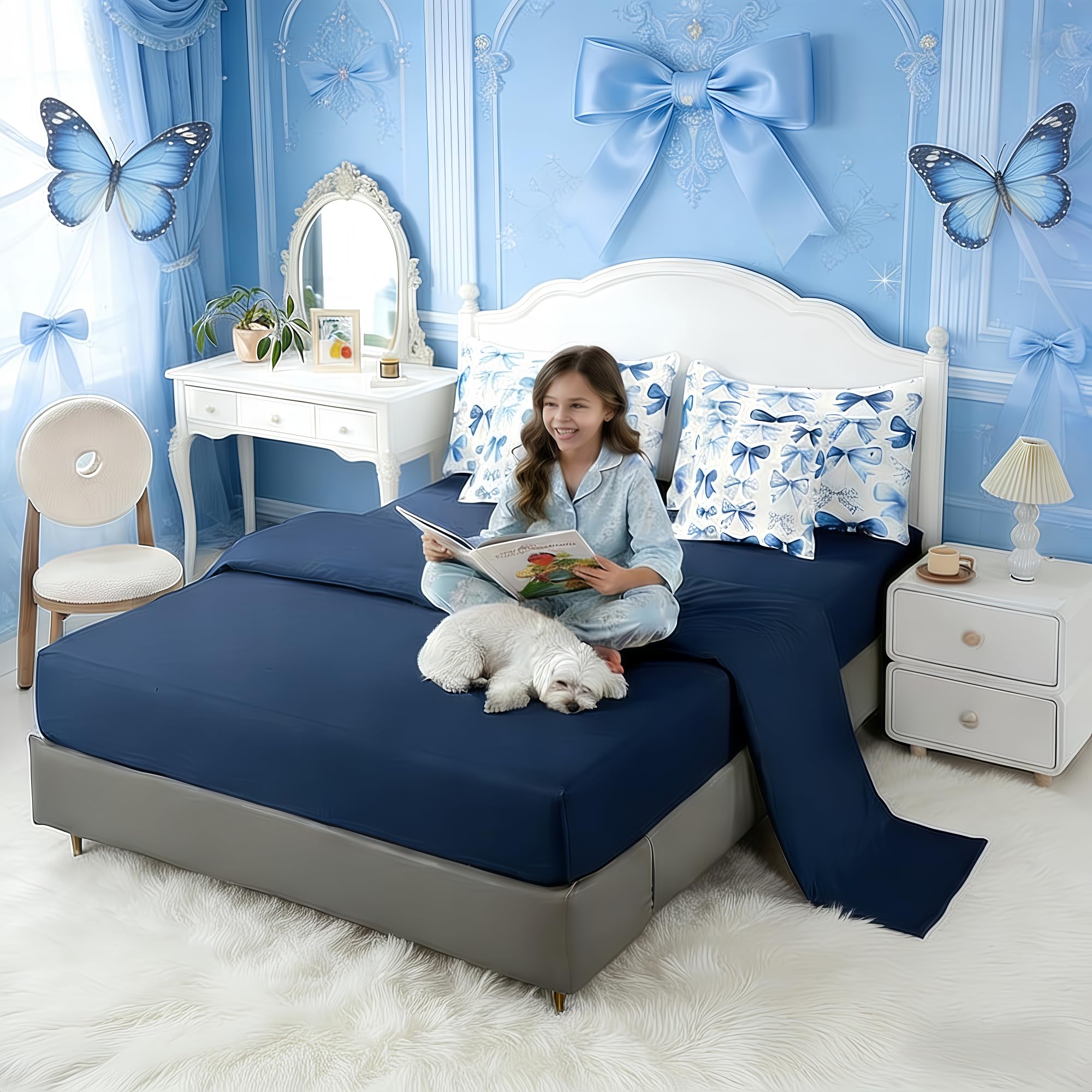 Erosebridal Kids Blue Bow Comforter Set with Sheets Twin Size Princess Bow Tie Girls Bed in A Bag Ultra Soft Butterfly Knot 7 Pieces Bed Set Bedroom Decor Fairy Tale Theme Girlish Room Decor