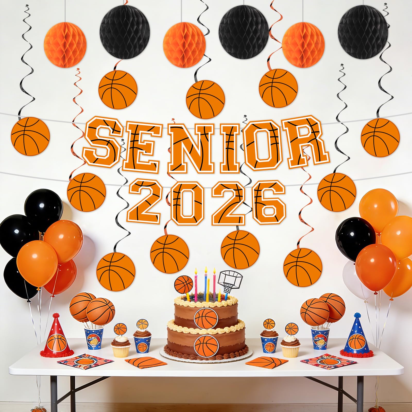Basketball Senior Night 2026 Party Decor Senior 2026 Sport Theme Banner with Honeycomb Balls Basketball Photo Backdrop Sport Graduation Hanging Ornaments for High School College Graduation Supplies