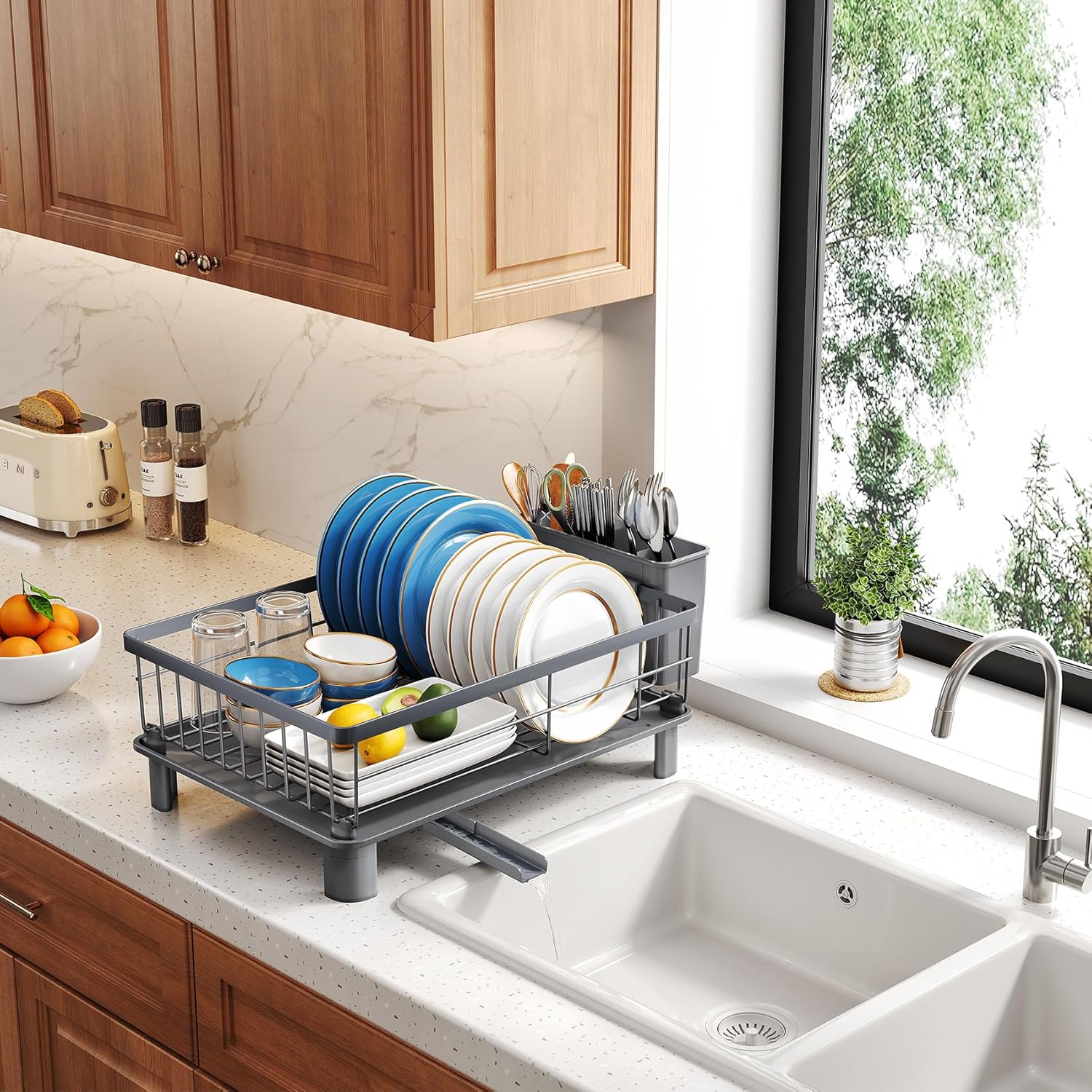 SNTD Dish Drying Rack - Stainless Steel Kitchen Counter Drainer with Utensil Holder | 11" W x 15" L (Grey)