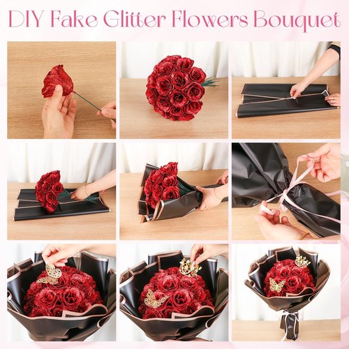iMXPW Glitter Roses Bouquet, 24 Roses DIY Fake Glitter Flowers Bouquet, Everlasting Shiny Artificial Red Rose Bouquet for Mothers Day Gifts, Anniversary, Engagement, Wedding (Red)