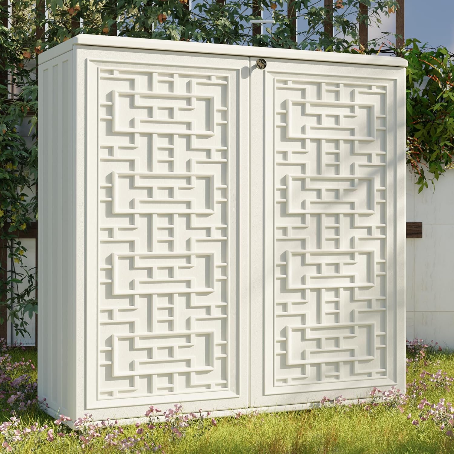 Mrosaa Waterproof Indoor Outdoor Storage Cabinet - Versatile Off-White Plastic for Patio & Garden | 34.3''L x 15''W x 36.2''H