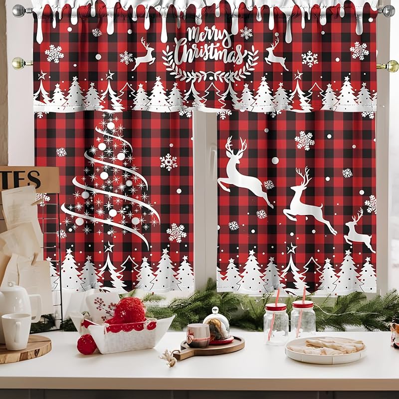 Merry Christmas Kitchen Curtains Set of 3 54x18 Valance + 27.5x36 Panels – Holiday Door & Window Decor
