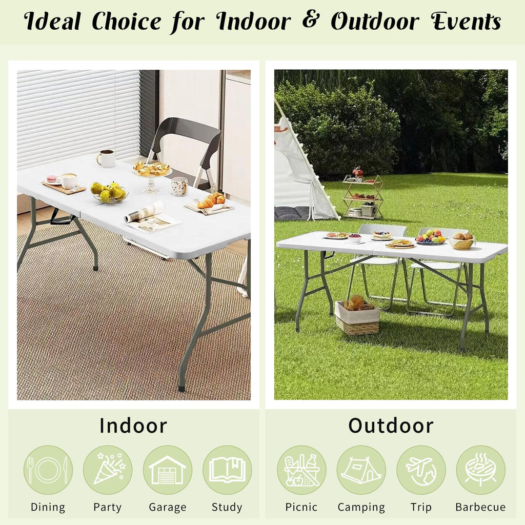 Fivenl 2 Pack 6 FT Folding Tables White Foldable Table, Fold-in-Half with Carrying Handle Portable Plastic Rectangular Table for Party, Dining, Wedding, Camping, Picnic, Indoor Outdoor Events