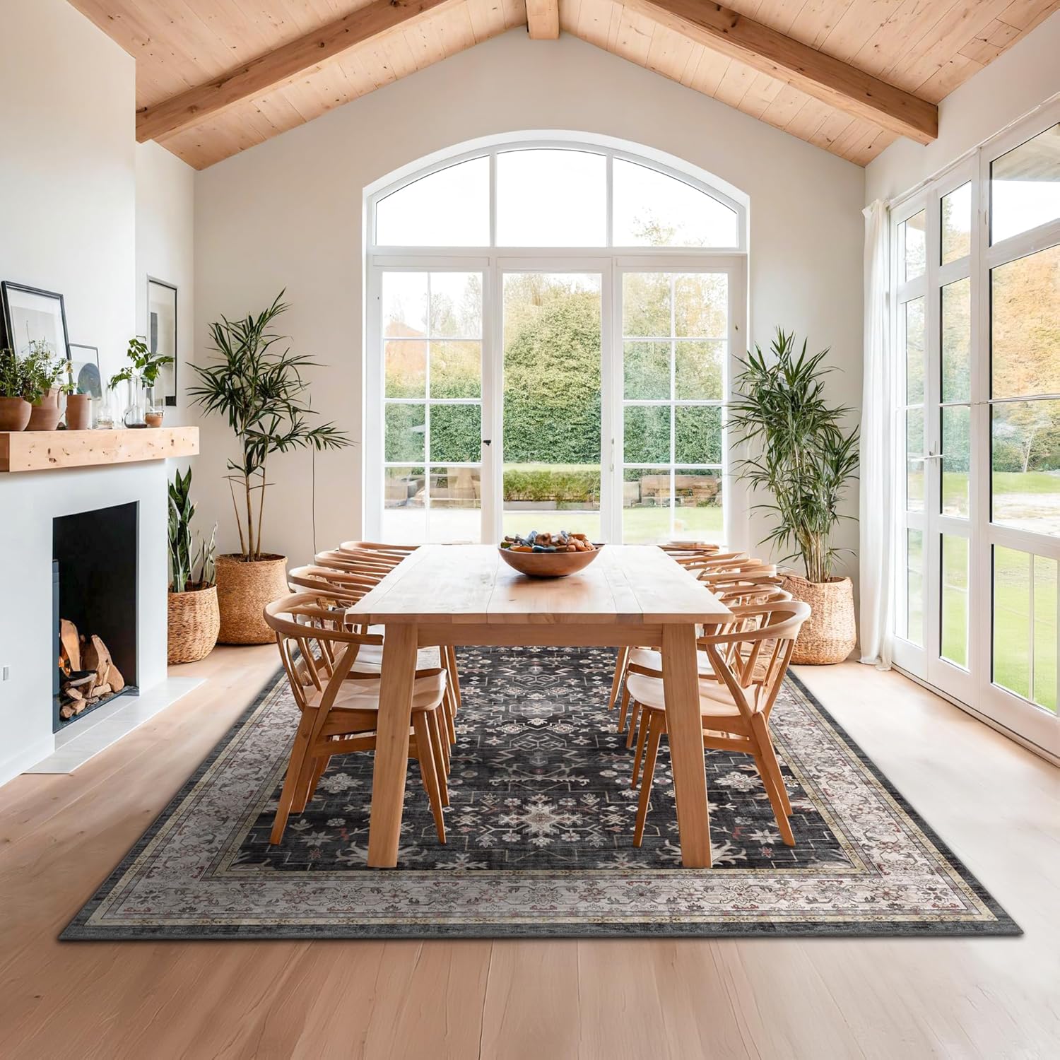 Boho Black Rug - Washable 10x14 Area Rug for Living Room | Soft Low Pile Carpet, Non-Slip & Stain Resistant