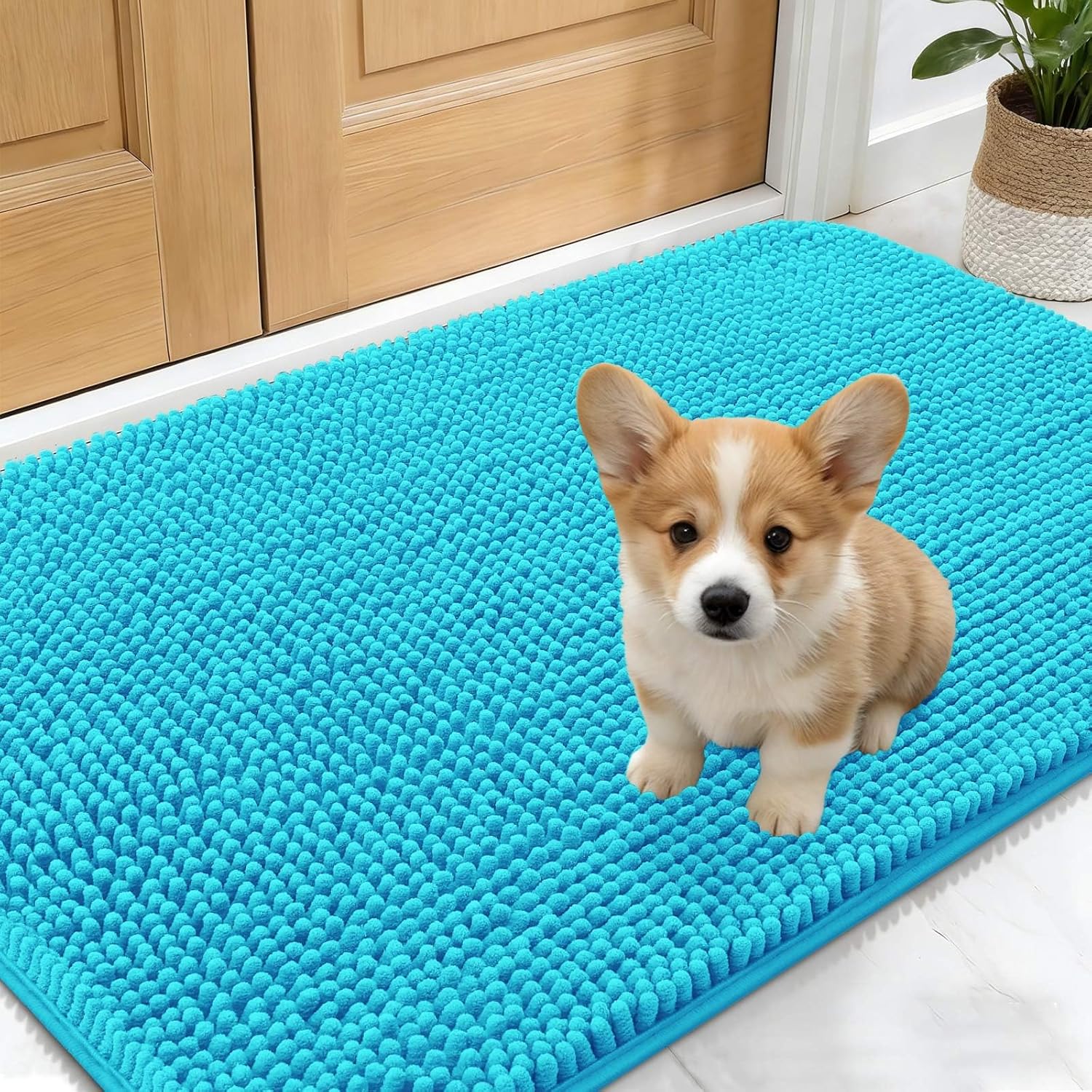 OLANLY Dog Door Mat - Absorbent Non-Slip Washable Doormat for Muddy Paws | 30x17 Inches, Aqua Blue